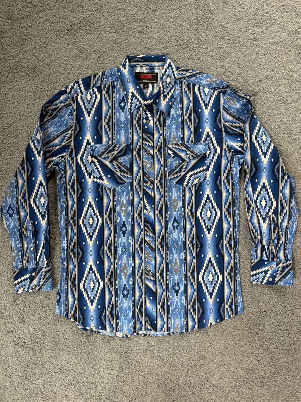 Rock & Roll Denim Southwestern Aztec Print Modern Fit Pearl Snap Shirt XL EUC